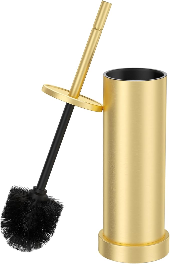 Toilet Brush and Holder Set: 304 Stainless Steel Brushed Gold Toilet Bowl Brush and Holder with Removable Inner Bowl and Splash Protection Heavy Duty Long Handle Bathroom Cleaning Tool