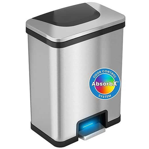 iTouchless AutoStep 13 Gallon Automatic Step Sensor Trash Can with Odor Control System Stainless Steel Kitchen Pedal Touchless Garbage Bin Powered by Batteries or AC Adapter (not Included)