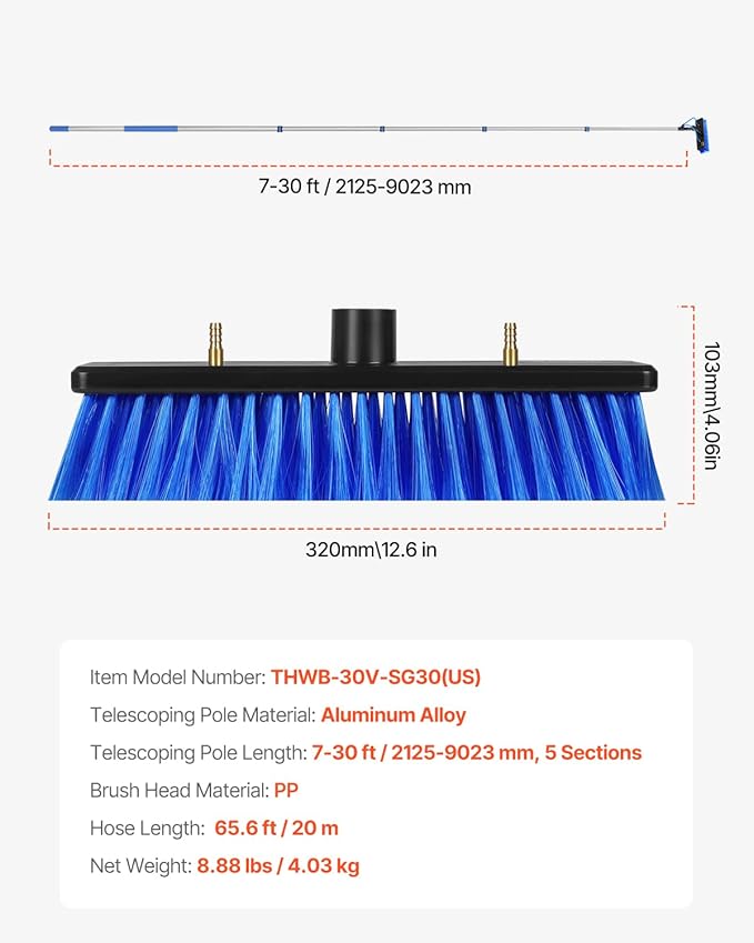 VEVOR Water Fed Pole Kit 30FT Solar Panel Cleaning Pole with Extendable Handle 180° Rotatable Brush Head &amp 65.6FT Hose Household &amp Outdoor Window Cleaner Tool for Caravan Solar Panel Deck