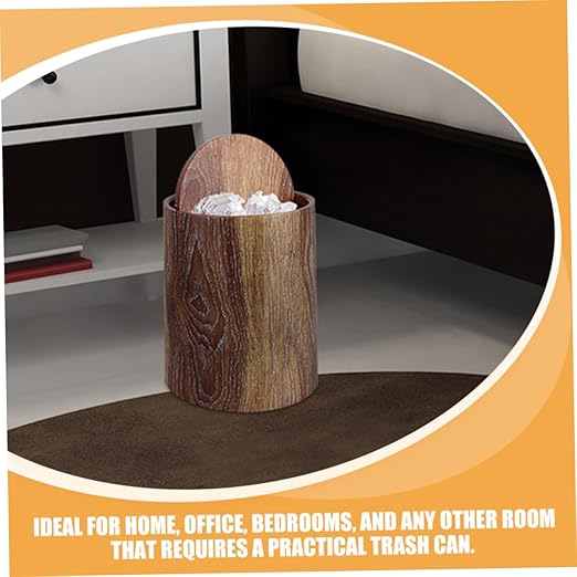 VOSAREA Wastebasket Swing Lid Imitation Wood Grain Plastic Home Office Bedroom Trash Bin Easy to Clean Modern