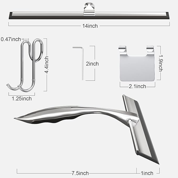 TOOVEM 14 Inch Shower Squeegee for Glass Doors Window Bathroom Car Windshield Shower Cleaning Tools with S Hook Square Sticky Hook (Silver)