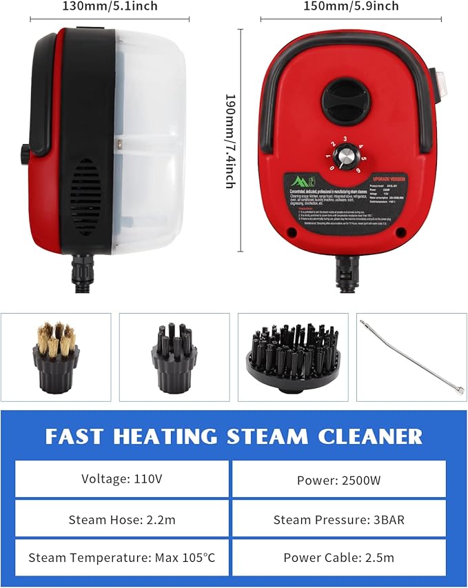 Handheld Steam Cleaner 2500W High Pressure Steam Cleaner with 3 Brush Heads Towel Sponge Steam Cleaners for Home Use High Temperature Fast Heating Steamer for Cleaning KitchenBathroomFurniture