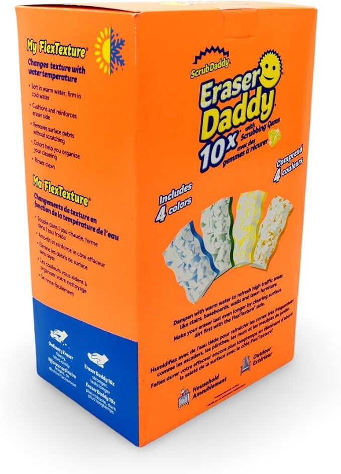 Scrub Daddy - Eraser Daddy with Scrubbing Gems Dual-Sided Scrubber and Eraser Lasts 10x Longer Than Ordinary Melamine Erasers Water Activated Ergonomic Pack of 12 Includes 4 Colors