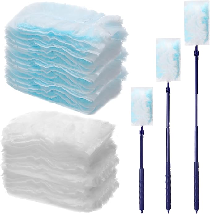 Maxcheck 180 Pcs 180° Disposable Dusters Refills Thickened Degree Heavy Duty Dusters Replacement Head with 3 Handles for Furniture Ceiling Cleaning(Blue White)
