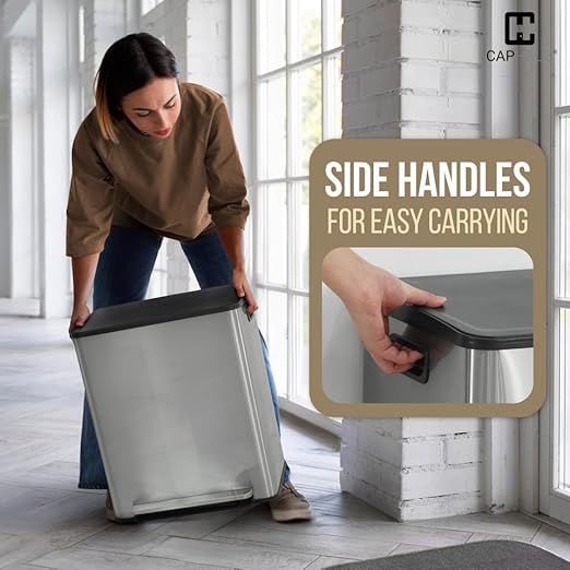 CAPHAUS Black Dual Trash Can w/Single Lid Trash &amp Recycle Bins Combo Hands-Free Stainless-Steel Garbage Can for Kitchen with 2 Compartment Hinged Lid Odor Filters Handles 30L+30L 2 x 8 Gal