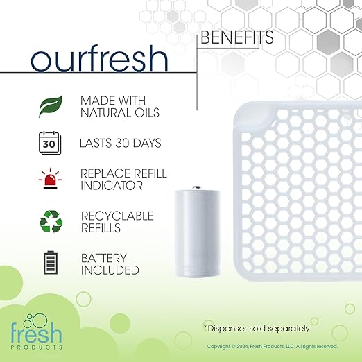 Fresh Products ourfresh 2 Air Freshener Replace Metered Aerosol with Dry Fragrance 30 Day Use Medium Sized Spaces Light Activated Battery Operated Batteries Included Coconut Vanilla 8 pk