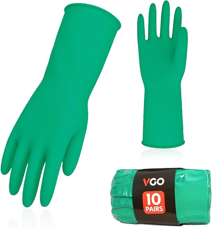 Vgo... 10-Pairs Reusable Household Gloves Rubber Dishwashing gloves Extra Thickness Long Sleeves Kitchen Cleaning Working Painting Gardening Pet Care (Size XL Green HH4601)