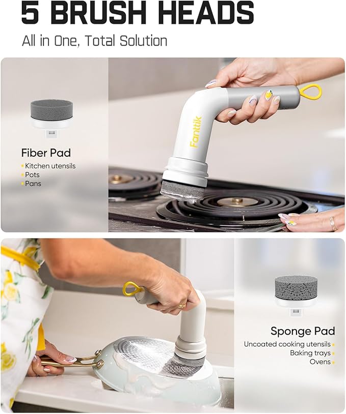 Fanttik G9 Handy Cordless Electric Spin Scrubber MagnaStorm Motor Dual-Speed 5 Brush Heads LED Display IPX7 Waterproof 2500mAh with Type-C Charging for Kitchen Sink Tile Stove- White