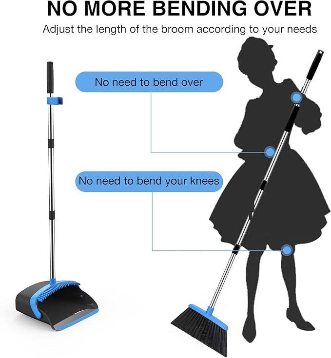 Broom and Dustpan Set 52-in Long Adjustable Handle Broom Dustpan Combo with Dust pan Teeth to Automatically Clean Hair Suitable for Home Kitchen Office Hall Floor (Black&ampBlue) 4 Pack