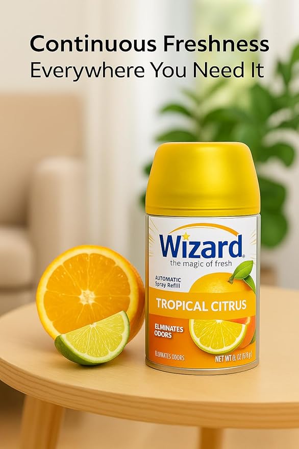 Wizard Automatic Spray Refill – Tropical Citrus 5 oz (12 Pack) | Compatible with Air Wick Freshmatic &amp Glade Dispensers | Long Lasting Odor Neutralizer for Home &amp Office