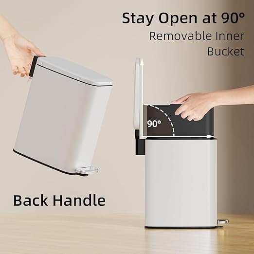 Small Bathroom Trash Can with Lid Soft Close Step Pedal 6L / 1.6 Gal Stainless Steel Garbage Bin with Removable Inner Bucket Slim Wastebasket for Narrow Spaces (White)