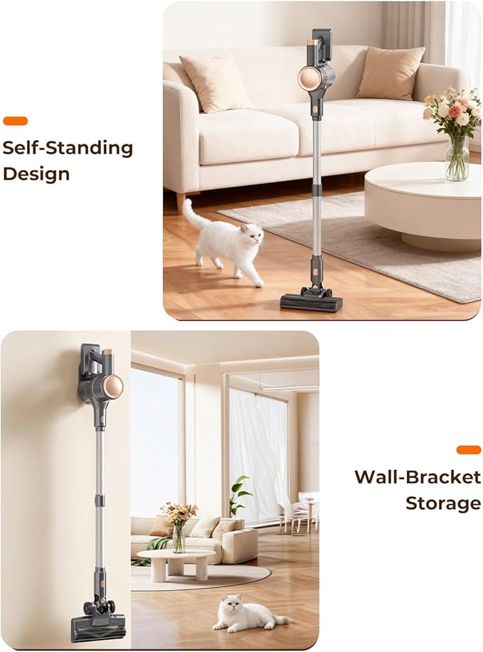 N8 Cordless Vacuum CleanerLightweight Stick Vacuum with Powerful Suction2200mAh Battery40 Mins RuntimeSelf-StandingRechargeable Vacuum Cleaners for Home Hardwood Floor Carpet Pet Hair (Gold)