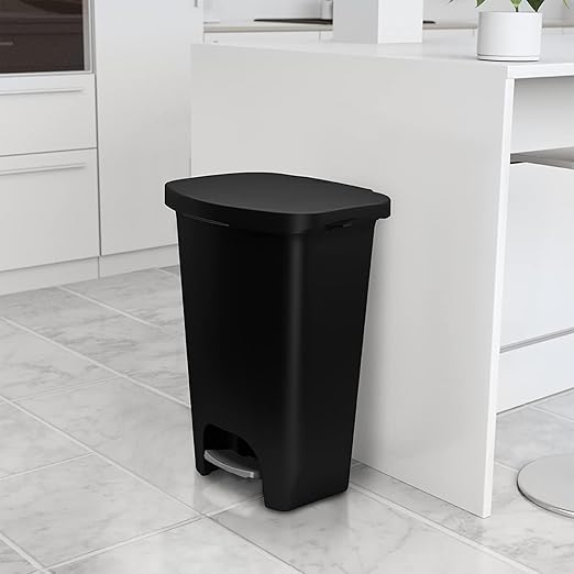 Glad 13 Gallon Trash Can | Plastic Kitchen Waste Bin with Odor Protection of Lid | Hands Free with Step On Foot Pedal and Garbage Bag Rings Black