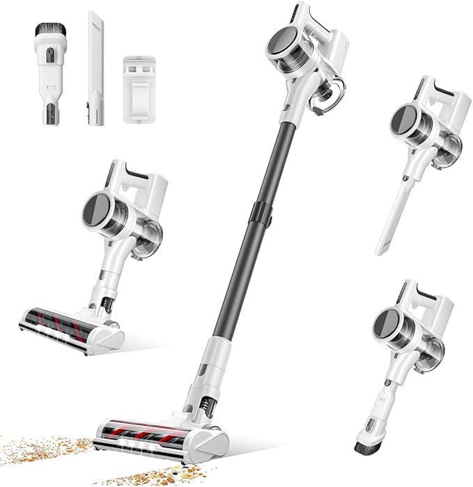 Cordless Vacuum Cleaner 80000 RPM Motor and Power Filtration Stick Vacuum with 2200 mAh Battery 35 Mins Worktime 2 Modes Rotated Multi-Heads Height-Adjustable Vacuum for Home (Gray Nickel)