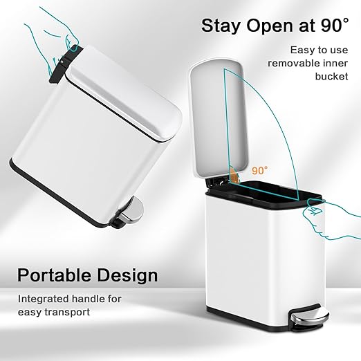 1.6 Gallon Stainless Steel Trash Can with Anti-Fingerprint Finish – 6L Waste Bins with Removable Inner Bucket– Sleek Durable Design for Bathroom BedroomOffice (White)