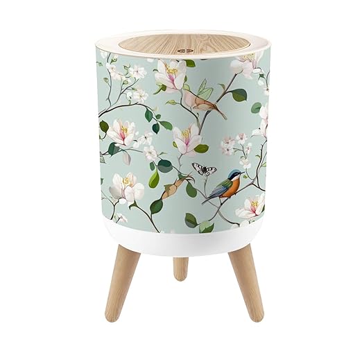 Bathroom Trash Can with Lid Magnolia Birds Butterflies Seamless Summer Magnolia Flowers Garbage Bin Waste Basket for Kitchen Office Bedroom Decoration Diaper Pail 1.8 Gallon