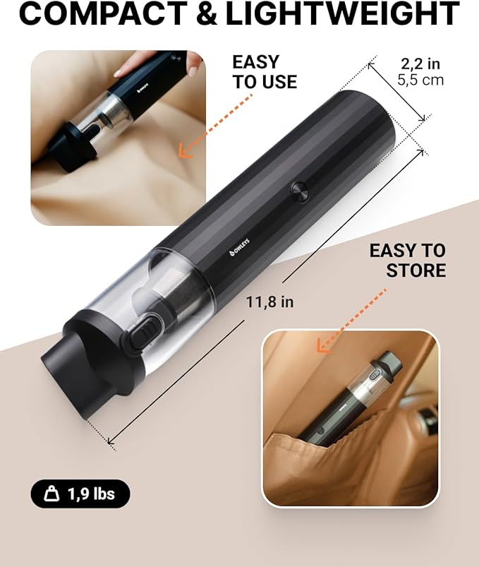 Owleys Portable Handheld Car Vacuum Cleaner with HEPA &amp Stainless Steel Filter 6000–16000PA Suction 85000 RPM Motor 40-Min Battery Life Cordless Mini Vacuum for Car Home and Office
