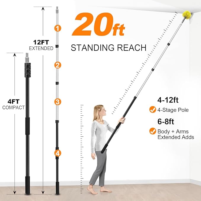 4-12ft Cobweb Duster with Extension Pole 20 Foot High Reach Feather Dusters with Bristles for Cleaning Outdoor Indoor 4-Stage Spider Web Remover with Telescopic Pole for Ceiling Wall Yellow
