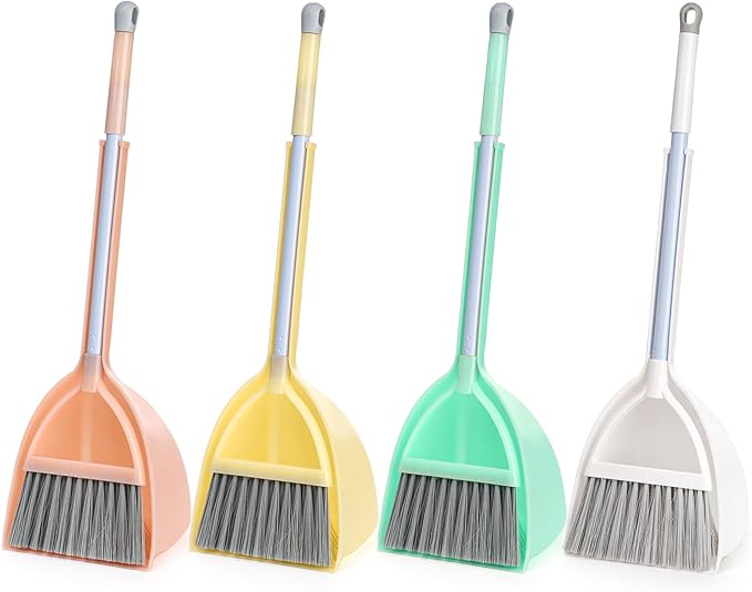 Nicunom Set of 4 Mini Broom with Dustpan for Kids Children Broom and Dustpan Set Cleaning Set Boys Girls Little Housekeeping Helper Set for Kitchen Bathroom Pet