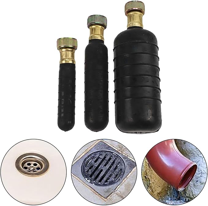3-Piece Rubber Drain Bladder Kit for 1 to 6 Inch Pipes — Water-Powered Unclogger for Bathroom Sinks Showers &amp Swimming Pool Drains