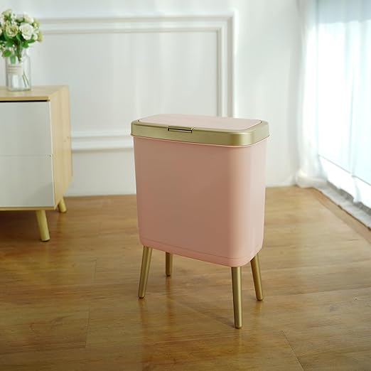 Procade Bathroom Trash Can with Lid 4 Gallon Pink Garbage Can Tall Plastic Trash Bin with Push Button Slim Gold Trash Can Waste Basket for Room BedroomOfficeKitchen