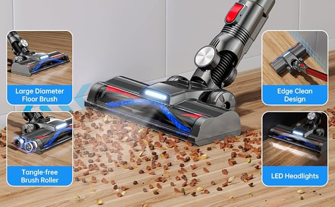 Cordless Stick Vacuum Red 45 Min Runtime LED Headlights 2-Speed Telescopic Tube with Main Vacuum Brush Crevice Tool dust Brush Removable-Rechargeable Battery Pack with Charging Cord