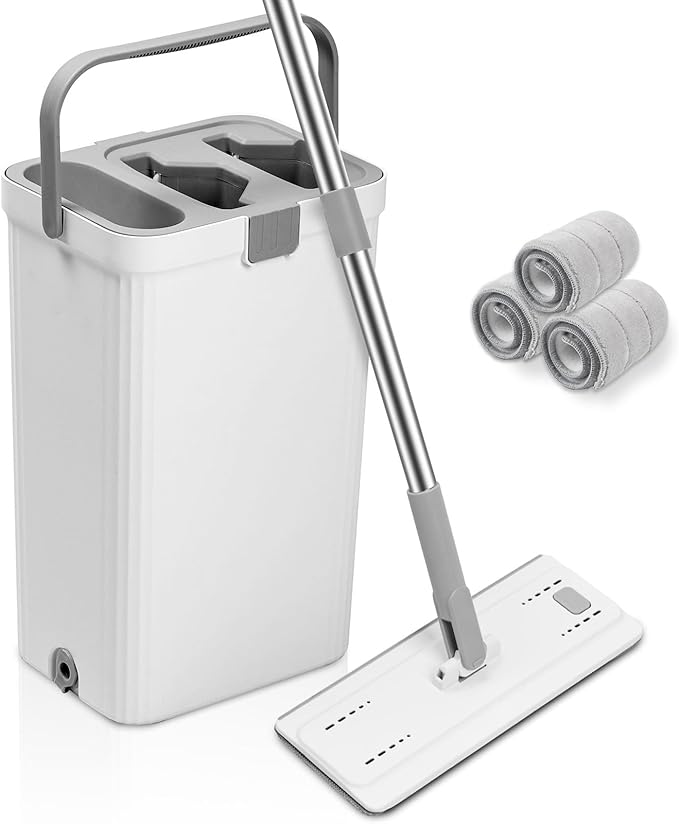 Flat Floor Mop and Bucket Set with Wringer Flat Mops for Floor Cleaning Wall Mop Cleaner with Long Handle Hardwood Floor Mop with 3 Microfiber Pads (XF)