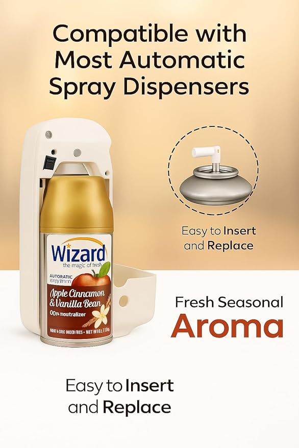 Wizard Automatic Spray Refill – Apple Cinnamon &amp Vanilla Bean 5 oz (12 Pack) | Compatible with Air Wick Freshmatic &amp Glade Dispensers | Long Lasting Odor Neutralizer for Home &amp Office