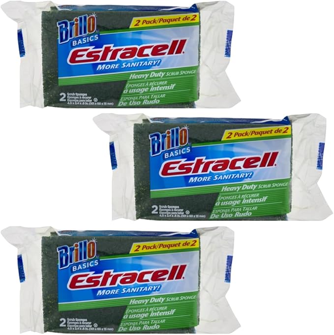 Brillo Basics Estracell Heavy Duty Dish Sponge Pads Pack of 3 (6 Sponges Total) for Effective Cleaning in Kitchen Bathroom &amp Household Dual-Sided for Multi-Use