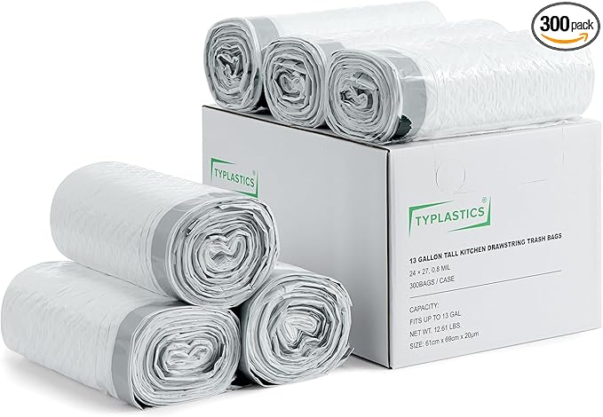 TYPLASTICS FleTex Tall Kitchen 13 Gallon Drawstring Trash Bags 300 Bags 24in x 27in Unscented White Wholesale Pack (Heavy duty 300 Count)