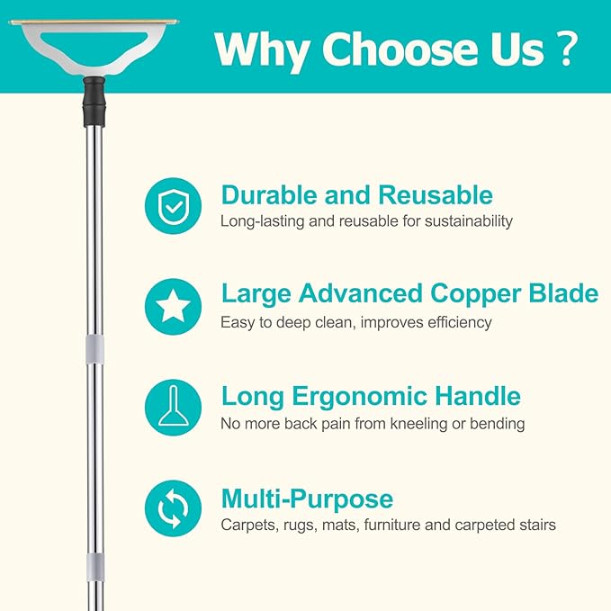 Carpet Rake for Pet Hair Removal - Reusable Pet Hair Remover for Carpet Long Handle Advanced Dog Hair Broom Cat Fur Brush Lint Remover Scraper for Carpets Rugs Mats Couch Furniture