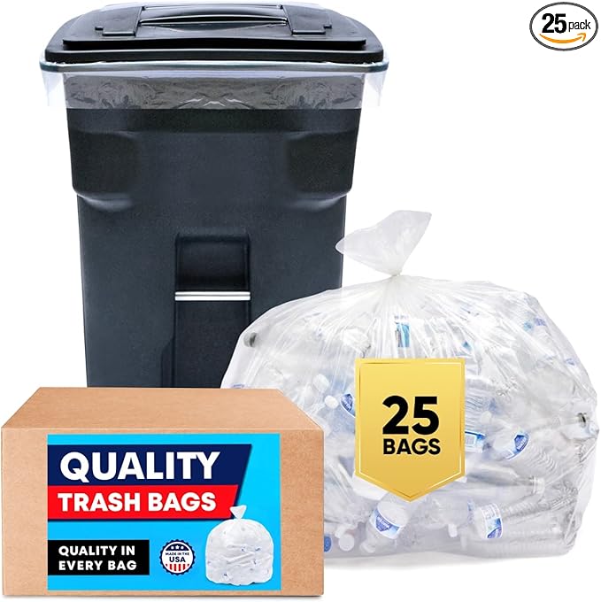 Veska 95 Gallon Trash Bags Clear (Huge 25 Count w/Ties) 95-96 Gallon Extra Large Garbage Bags Clear Recycling Trash Bags 90 Gallon
