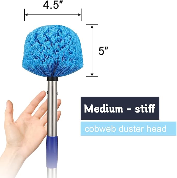 Extended Reach Cobweb Duster with 8-Foot Pole - Medium Bristle Brush for Ceiling Wall and Indoor/Outdoor Cleaning Lightweight Stainless Steel (8 FT)