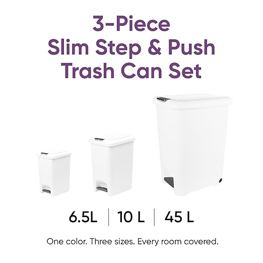 Superio 6.5L 10L and 48L Slim Step &amp Push Trash Cans - 3 Pack Dual Opening Smooth Matte Finish Durable Plastic - White