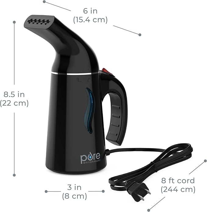 Pure Enrichment PureSteam Portable Fabric Steamer - Handheld Travel Garment Steamer Removes Wrinkles &amp is Safe on All Fabrics - Fast-Heating Lightweight Auto Safety Shut-Off &amp Long Cord (Bl