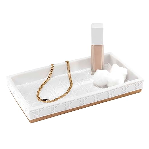 Nicole Miller - Vanity Tray Durable Resin Countertop Accessories with Faux-Wood Base Ideal Organization for Home Modern Bathroom Decor Dorm Room Essentials (Lena Collection White)