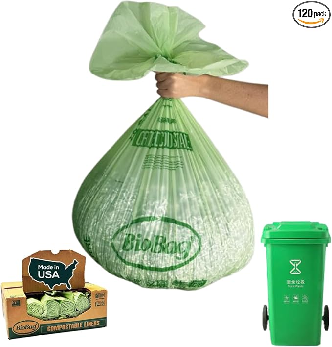 BioBag (USA) The Original Compostable Bag 39 Gallon 120 Count 100% Certified Compostable Trash Bag Liners for Food Waste Extra Strong and Durable Trash Bag