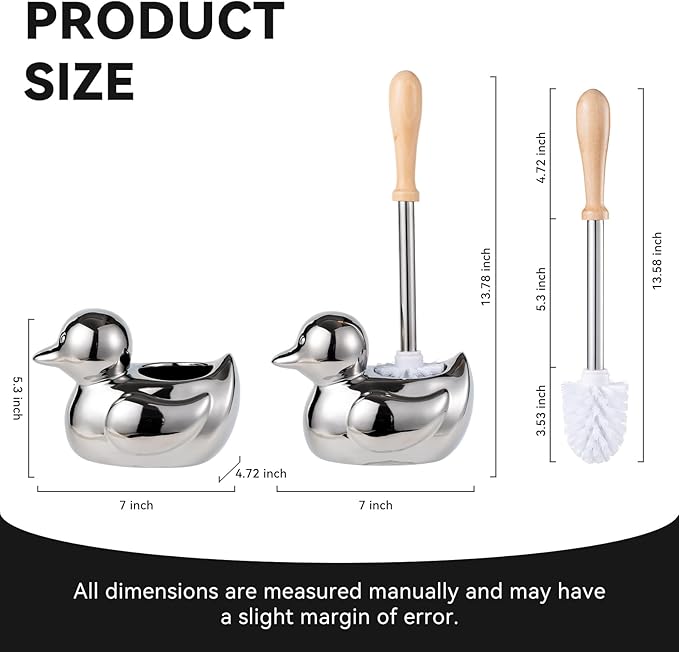 Toilet Brush Holder Set - Ceramic Silver Toilet Scrubber Brush with Duck Base Bathroom Cleaning Brush 7.5 Cute Toilet Brush Organizer Home Decor&amp Easy Wipe Clean