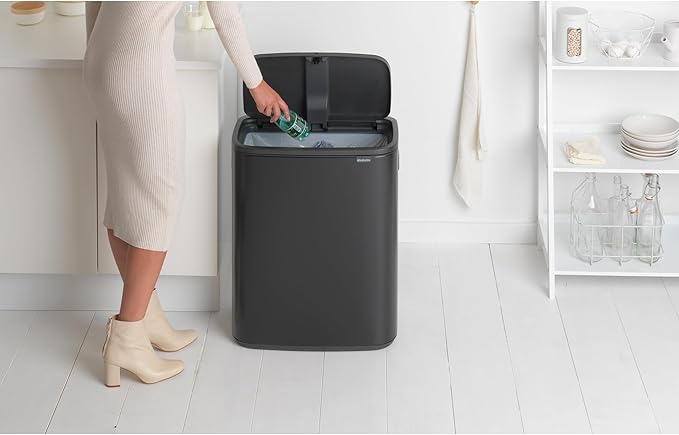Brabantia Bo Touch Top Kitchen Trash Can with Single Compartment | Matt Black | 16 Gal Inner Bucket | Soft-Close Garbage Can Light Touch Opening Stay-Open Lid | Fits Against Wall | + Trash Bags