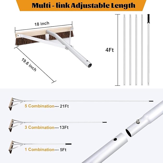 Leaf Roof Brush and Roof Rake 21 Ft Adjustable Length Roof Cleaning Tool Remove Roof Leaves Safely with Natural Brush Head Lightweight Easy to Use &amp Store