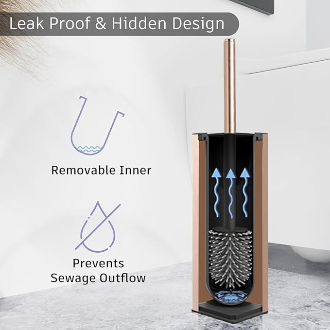 BGL Standing Toilet Brush and Holder Rose Gold Aluminium Toilet Bowl Cleaner Brush and Holder for Bathroom Storage and Organization Square Design Sturdy and Space Saving