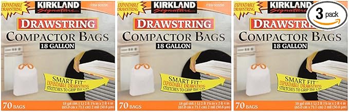 Kirkland Compactor Bags 18 Gallon Smart Fit Gripping Drawstring 70 Count (3 Pack)