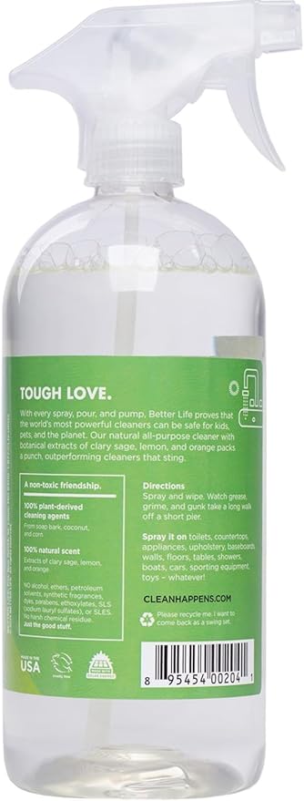 Better Life Bathroom Cleaner 32 Oz 2 Pack + All Purpose Cleaner Clary Sage and Citrus 32 Oz 1 Pack