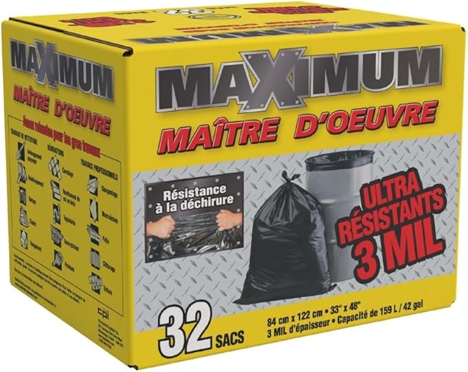 Maximum Heavy Duty Garbage Bags 42-Gallon 3 Mil Black Garbage Bags Extra Large Tear Resistant Industrial Strength 32 Counts