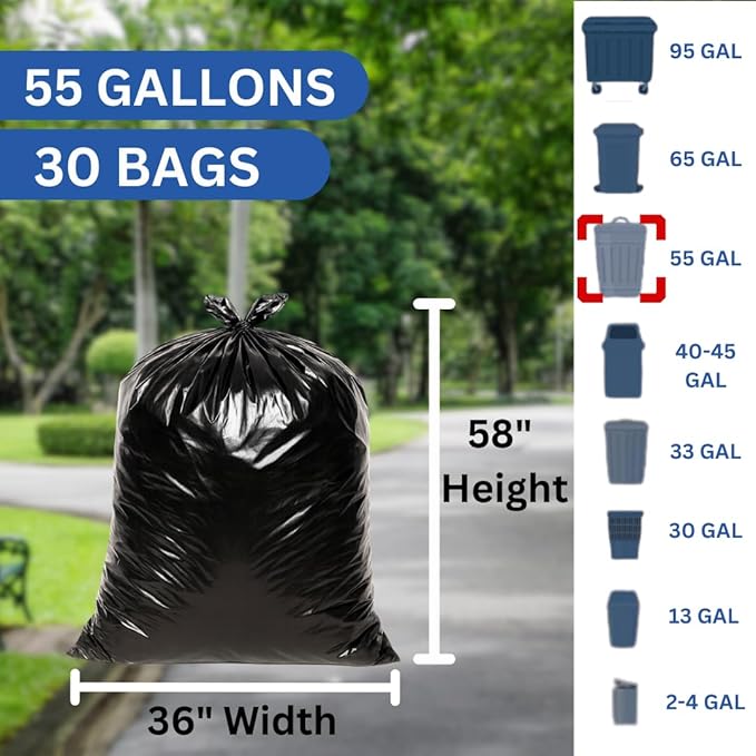 55 Gallons Extra Large Contractor Bags Black Trash Bags for Home Kitchen and Retail 5 Bags/6 Rolls Coreless 36x58 30 Bags 3.0 mil thick