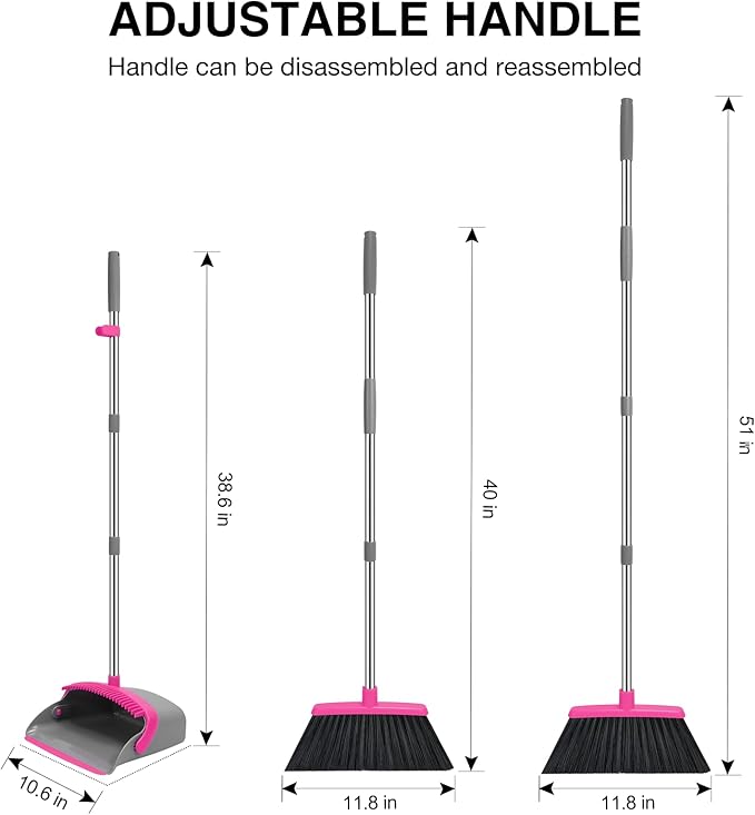 NACENA Broom and Dustpan Set 52-in Long Adjustable Handle Broom Dustpan Combo with Dustpan Teeth to Automatically Clean Hair Suitable for Home Kitchen Office Hall Floor（Grey&ampRose）