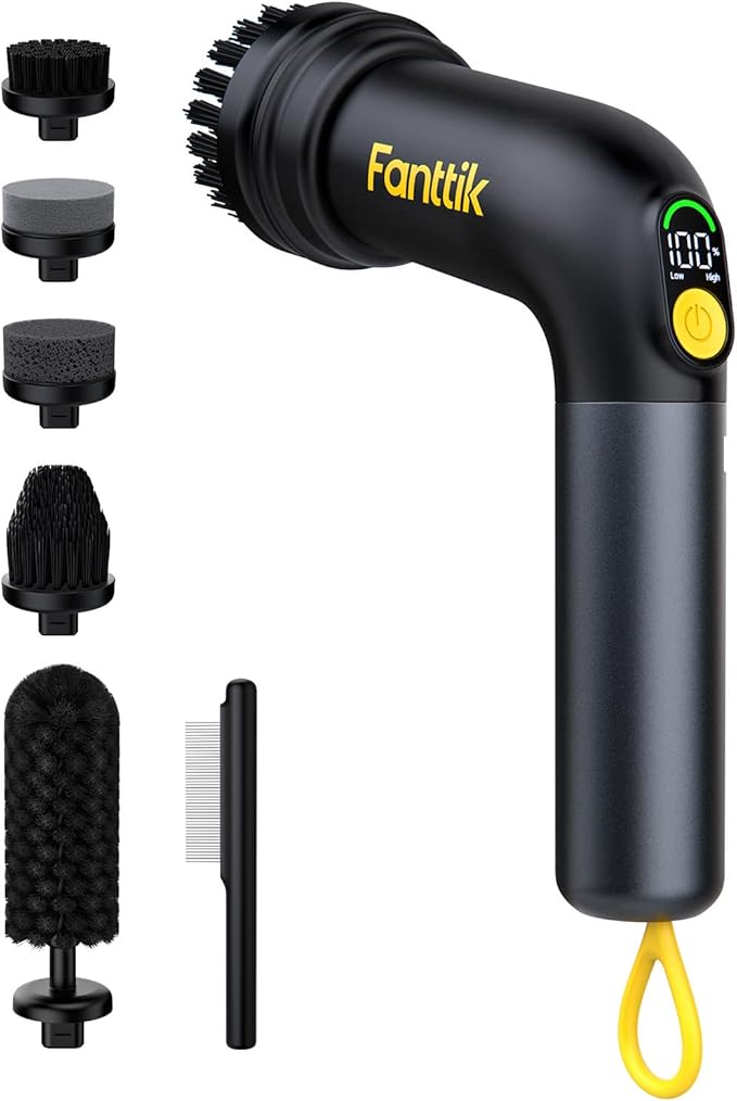 Fanttik G9 Handy Cordless Electric Spin Scrubber MagnaStorm Motor Dual-Speed 5 Brush Heads LED Display IPX7 Waterproof 2500mAh with Type-C Charging for Kitchen Sink Tile Stove