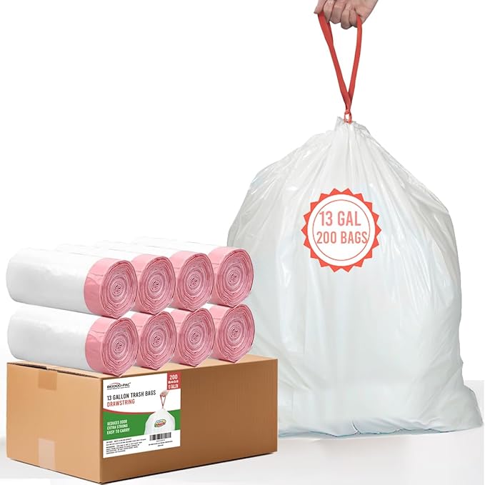 Tall Kitchen Drawstring Trash Bags 13 Gallon 200 Count Heavy Duty White &amp Unscented Can Liners