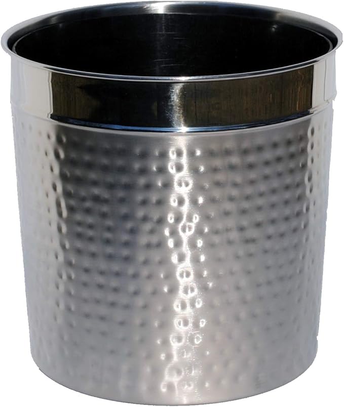 3SCompany Hammered 2 Tone Waste Basket with Liner 5 Quart Stainless Steel Shiny and Satin Hand Hammered