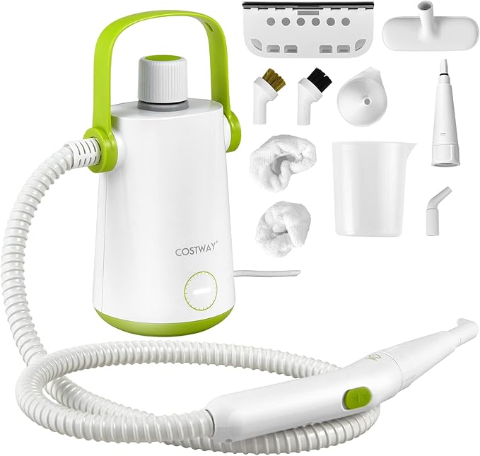 COSTWAY Handheld Multipurpose Steam Cleaner with 300ml (10.2oz) Water Tank Extended Hose &amp Extra-long Cord Portable Heavy Duty Steamer for Garment Windows Tires 10 Piece Accessory Set (Green